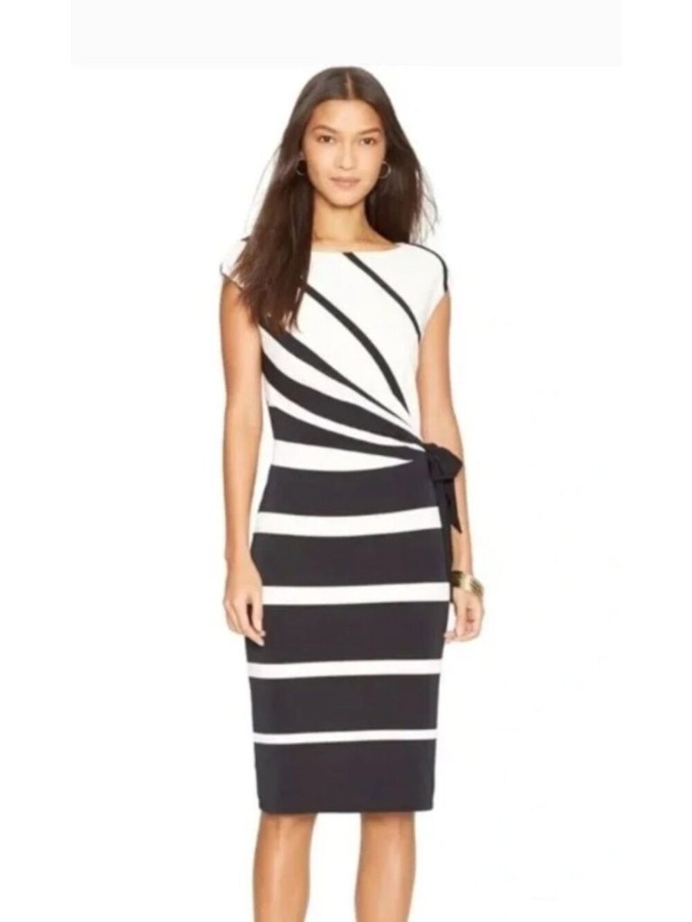 Lauren Ralph Lauren Black & White Stripe Nieves Cap Sleeve Side Tie Dress Sz 16 - Picture 16 of 16